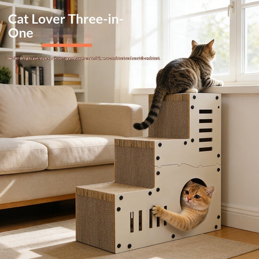 HKM-3862077 Corrugated Cat Scratcher with Minimalist Stair Design and Replacement Core