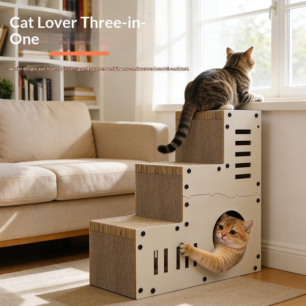 HKM-3862077 Corrugated Cat Scratcher with Minimalist Stair Design and Replacement Core
