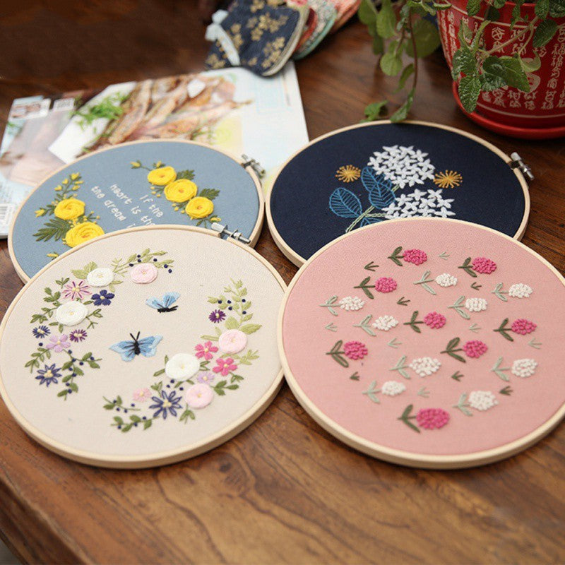 HKM-386259 Pastoral Embroidery DIY Kit - Floral Pattern Cotton Material, 20x20cm