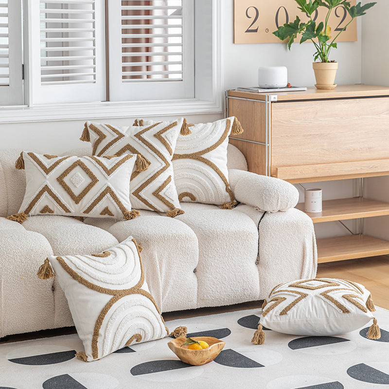 HKM-386707 Geometric Pattern Tufted Pillow Cover in Khaki – 30x50cm & 45x45cm Sizes