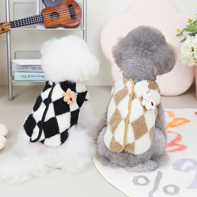 HKM-3868221 Cozy Coral Fleece Dog Clothes with Diamond Plaid Design in Brown & Black