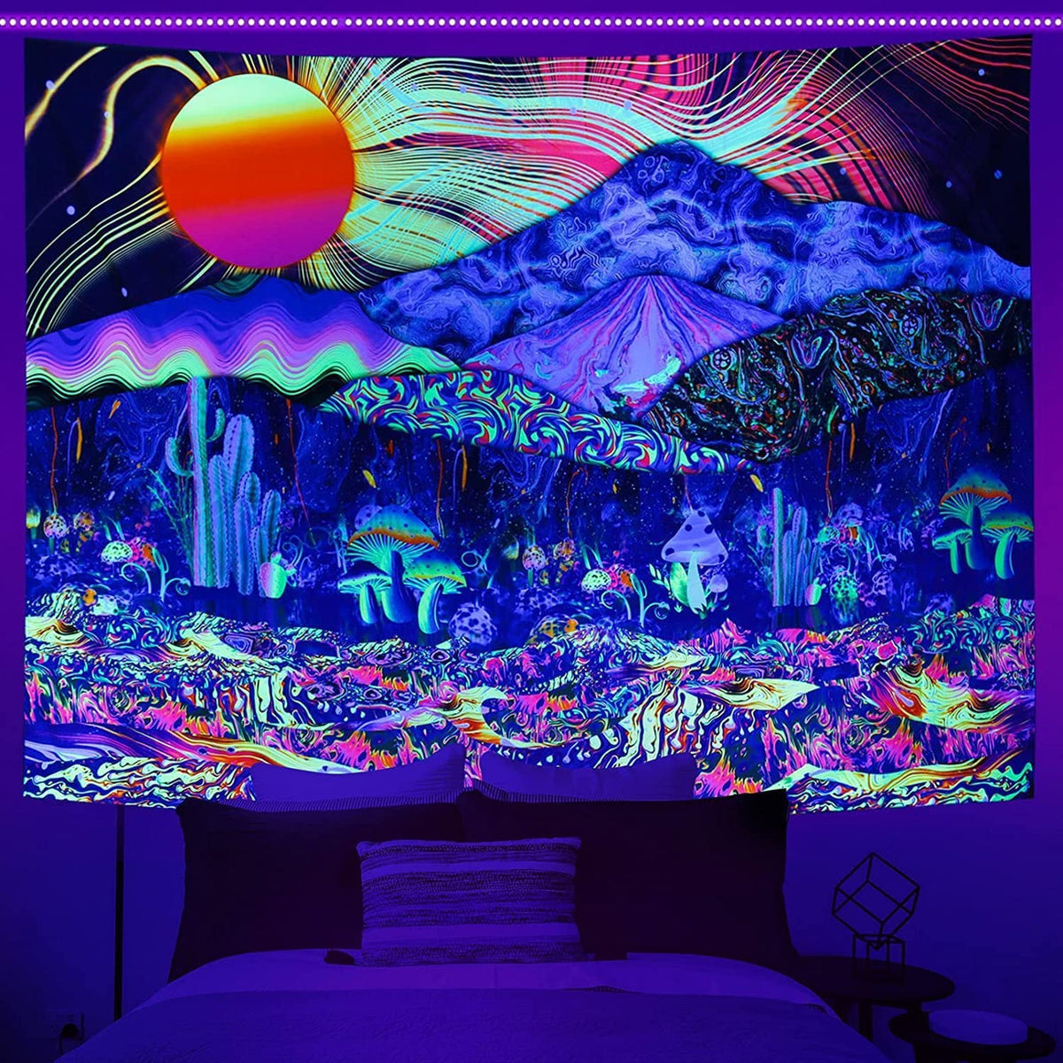 HKM-387091 UV Blue Light Skull Flower Eyes Tapestry - Modern Polyester Wall Hanging, Various Sizes Available