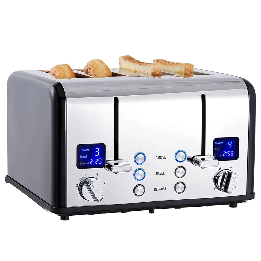 HKM-387155 4-Slice Electric Toaster with LED Display and Stainless Steel Finish for Versatile Sandwich Making