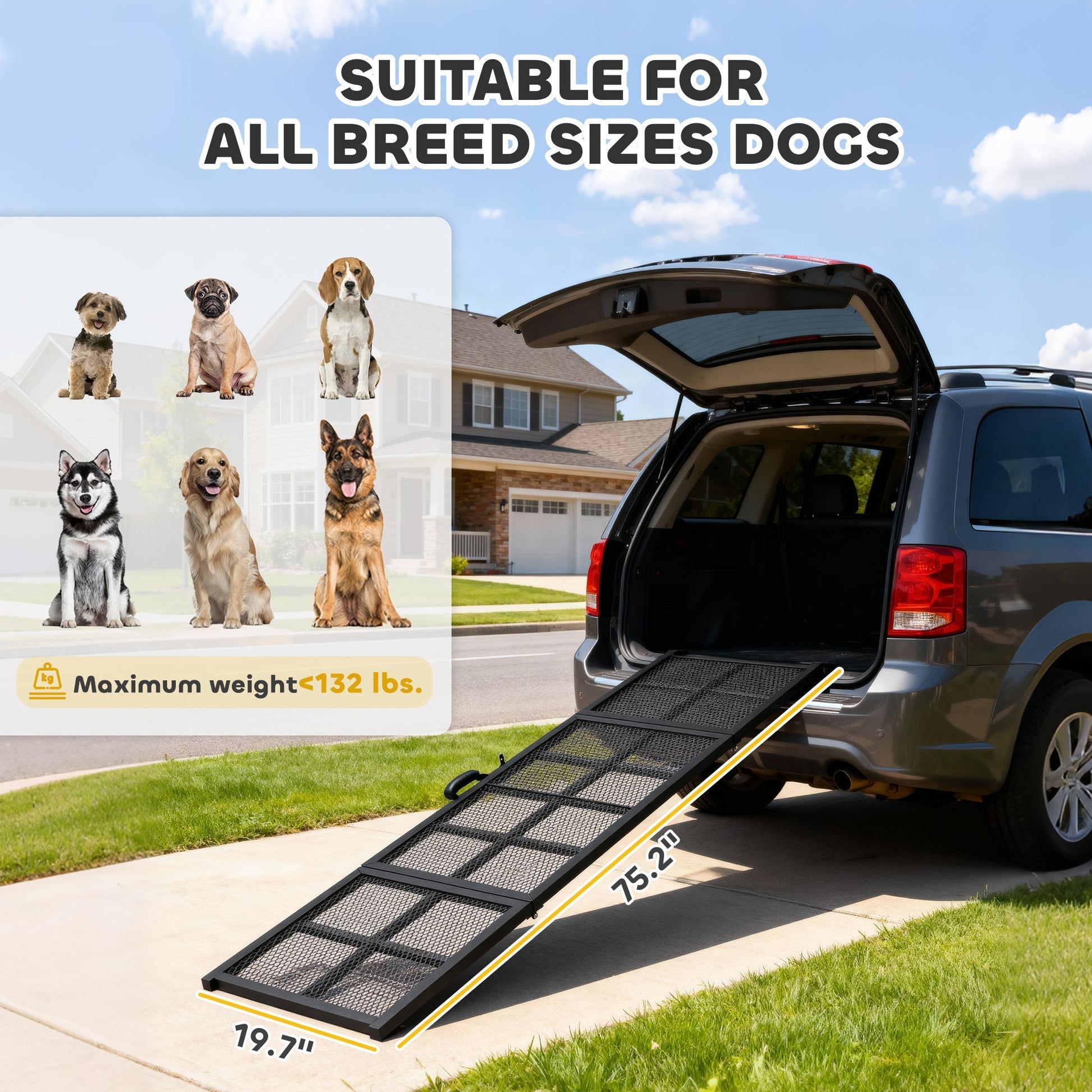 HKM-3873085 Extra Long Portable Dog Car Ramp - Non-Slip Folding Ramp for Small and Large Pets, 75" x 20"