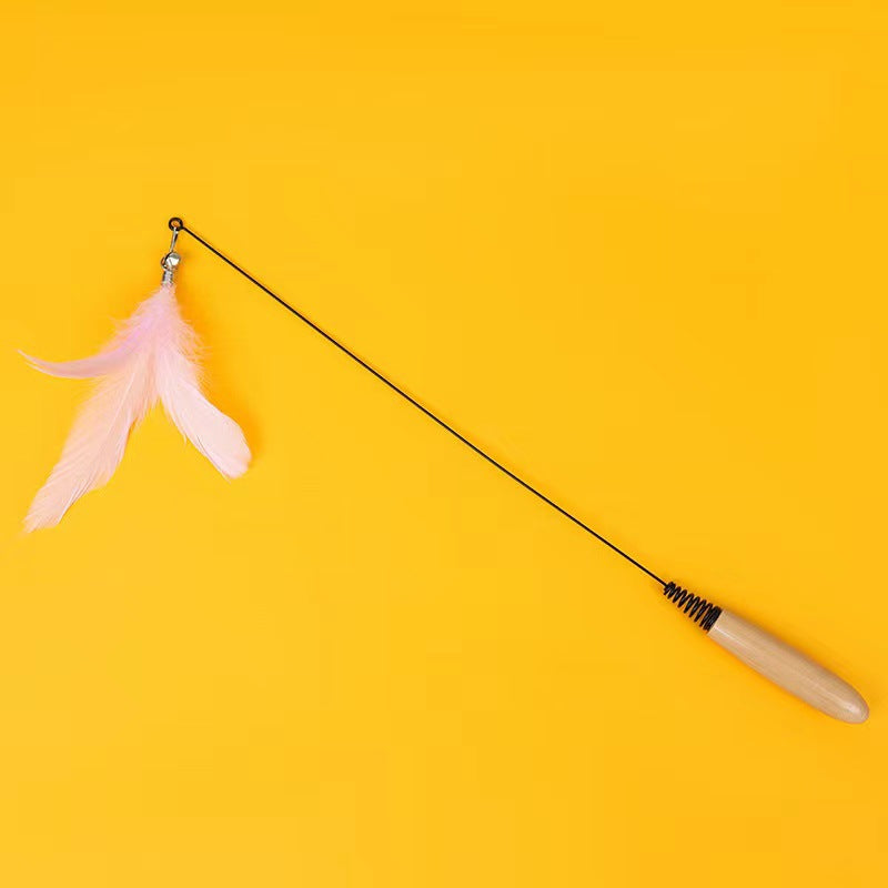 HKM-3874877 Wooden Handle Interactive Cat Teaser with Feather and Bell Replacement Head