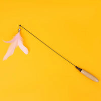 HKM-3874877 Wooden Handle Interactive Cat Teaser with Feather and Bell Replacement Head