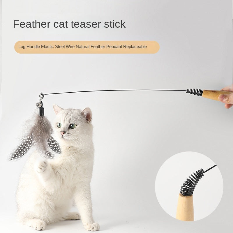 HKM-3874877 Wooden Handle Interactive Cat Teaser with Feather and Bell Replacement Head