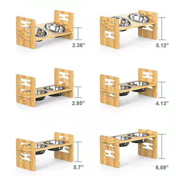 HKM-3877565 Stainless Steel Double Bowl Holder with Bamboo Stand for Cats and Dogs