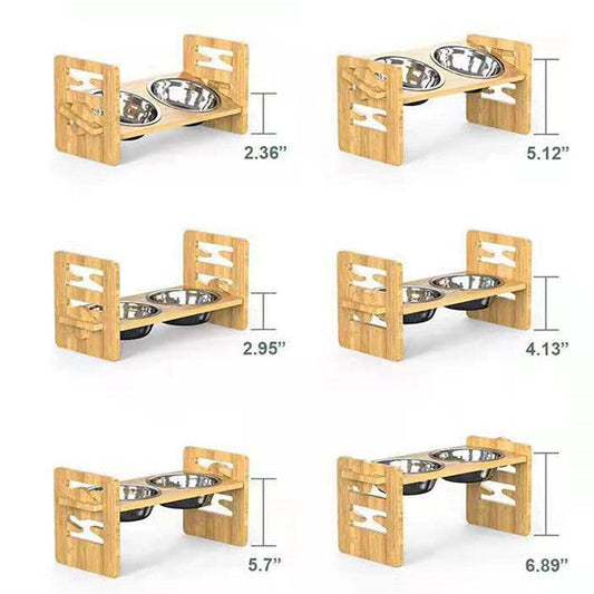 HKM-3877565 Stainless Steel Double Bowl Holder with Bamboo Stand for Cats and Dogs