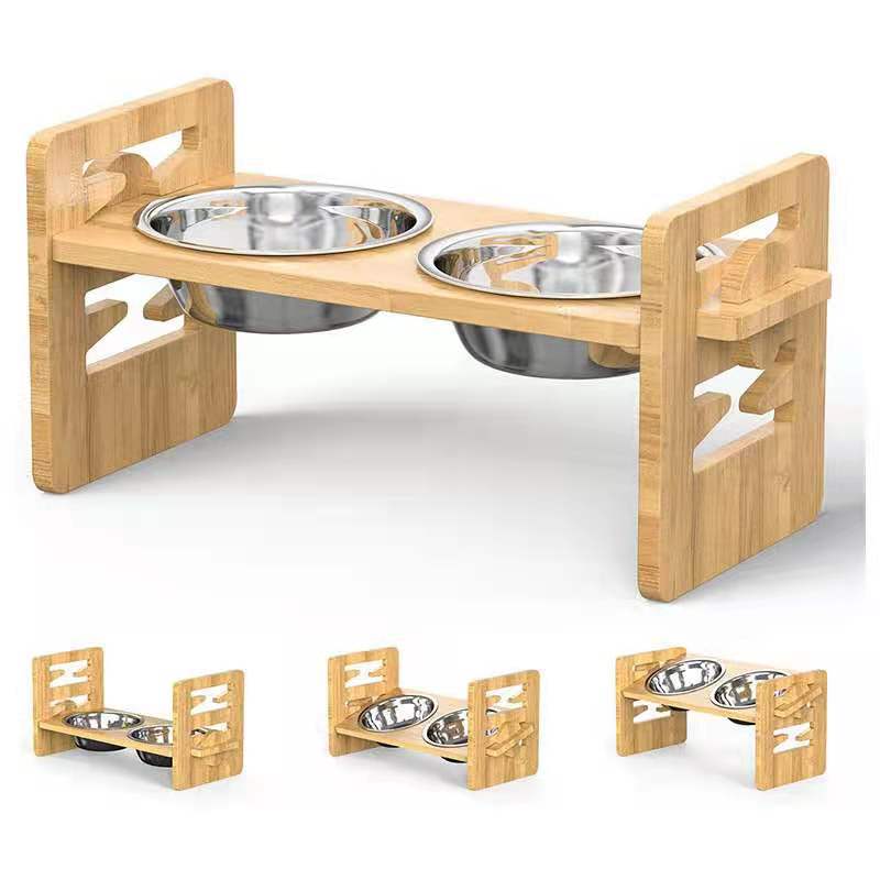 HKM-3877565 Stainless Steel Double Bowl Holder with Bamboo Stand for Cats and Dogs