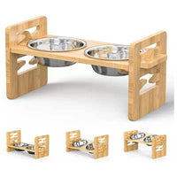 HKM-3877565 Stainless Steel Double Bowl Holder with Bamboo Stand for Cats and Dogs