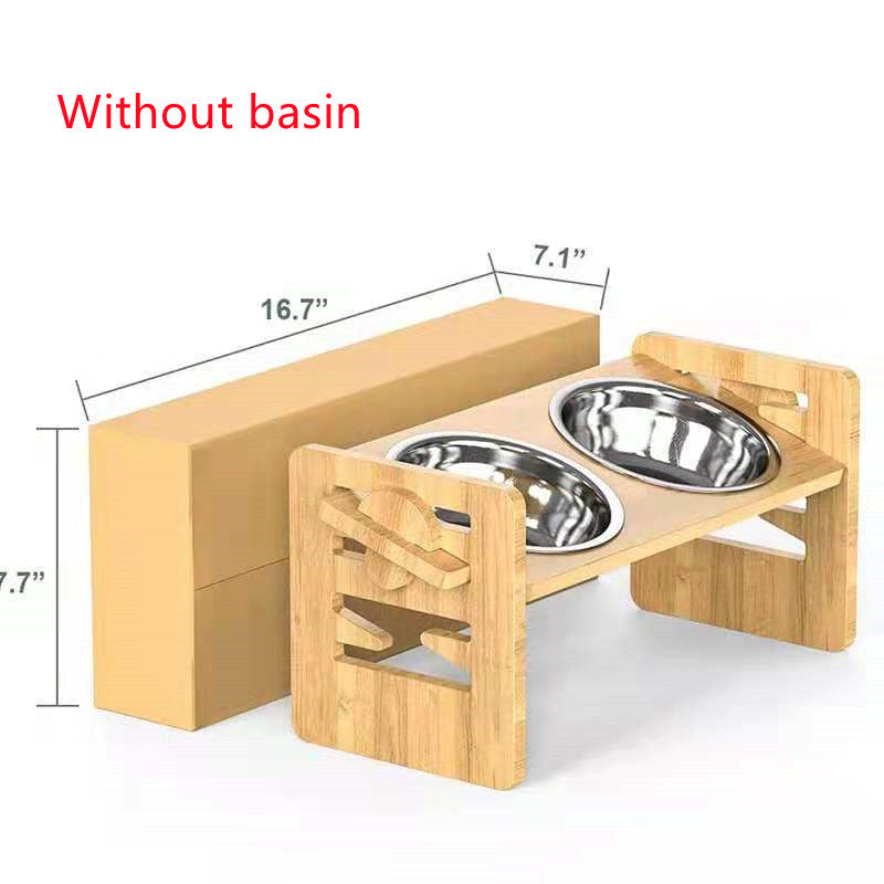 HKM-3877565 Stainless Steel Double Bowl Holder with Bamboo Stand for Cats and Dogs