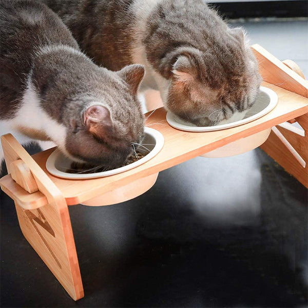HKM-3877565 Stainless Steel Double Bowl Holder with Bamboo Stand for Cats and Dogs