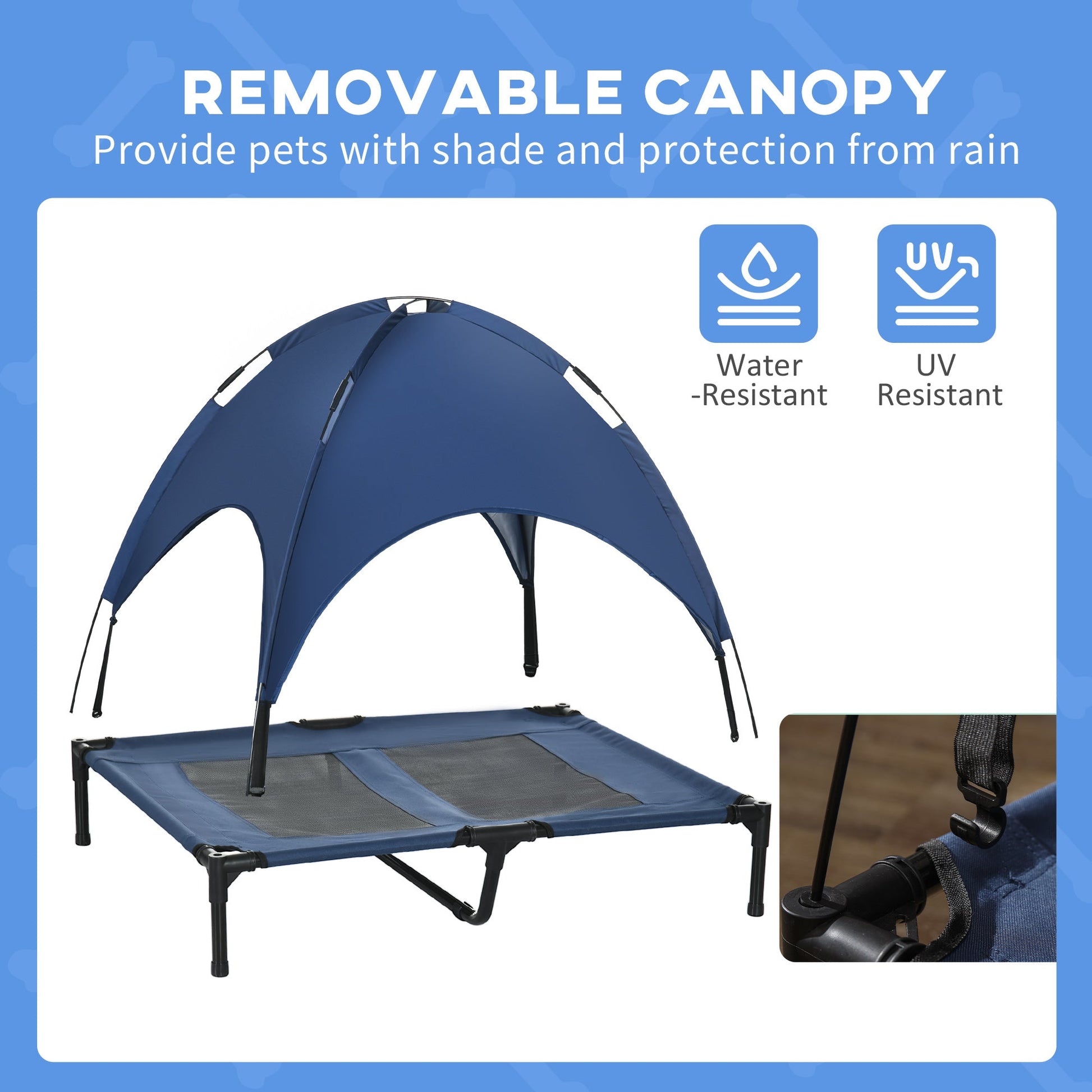 HKM-3881789 Elevated Dog Cot with UV Protection Canopy Shade - 36 Inch, Dark Blue