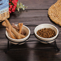 HKM-3883325 Ceramic Dual Purpose Pet Bowl with Iron Frame for Food and Water