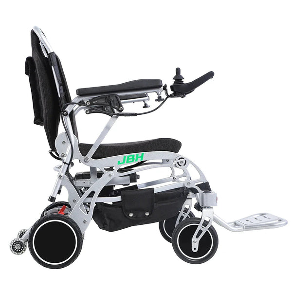 HKM-3240403 Light Folding Electric Wheelchair Dual 250W Hub Motors 24V 24Ah Battery 12.4 Mile Range 265 lb Capacity Aluminum
