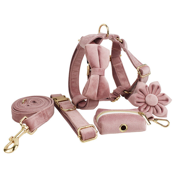 HKM-3884605 Light Purple Velvet Dog Collar with Bow and Floral Accessories for Pets