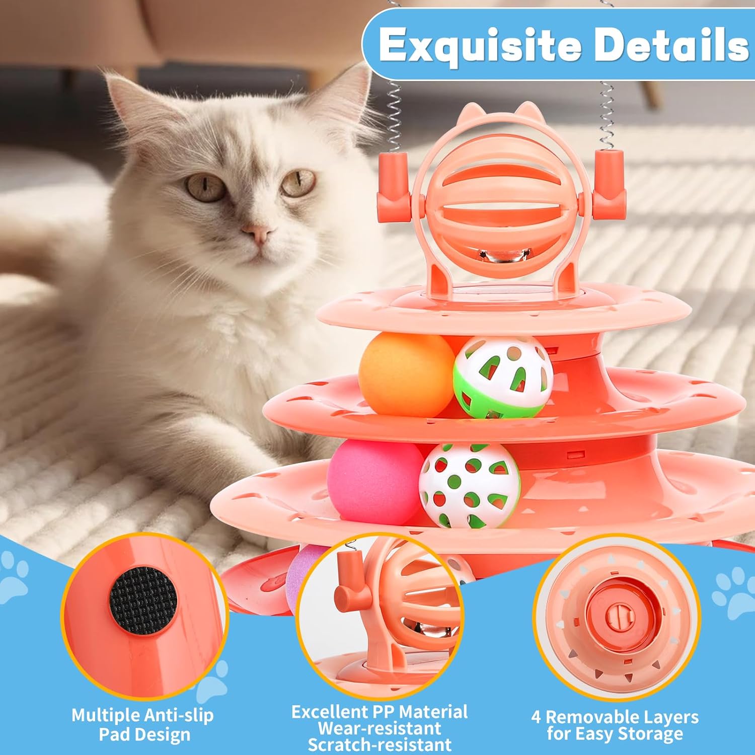 HKM-3886397 Interactive 4-Tier Cat Puzzle Toy with Balls and Teasers for Indoor Cats