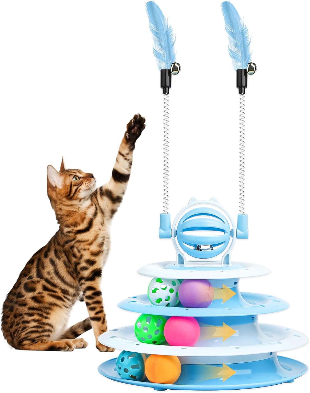HKM-3886397 Interactive 4-Tier Cat Puzzle Toy with Balls and Teasers for Indoor Cats