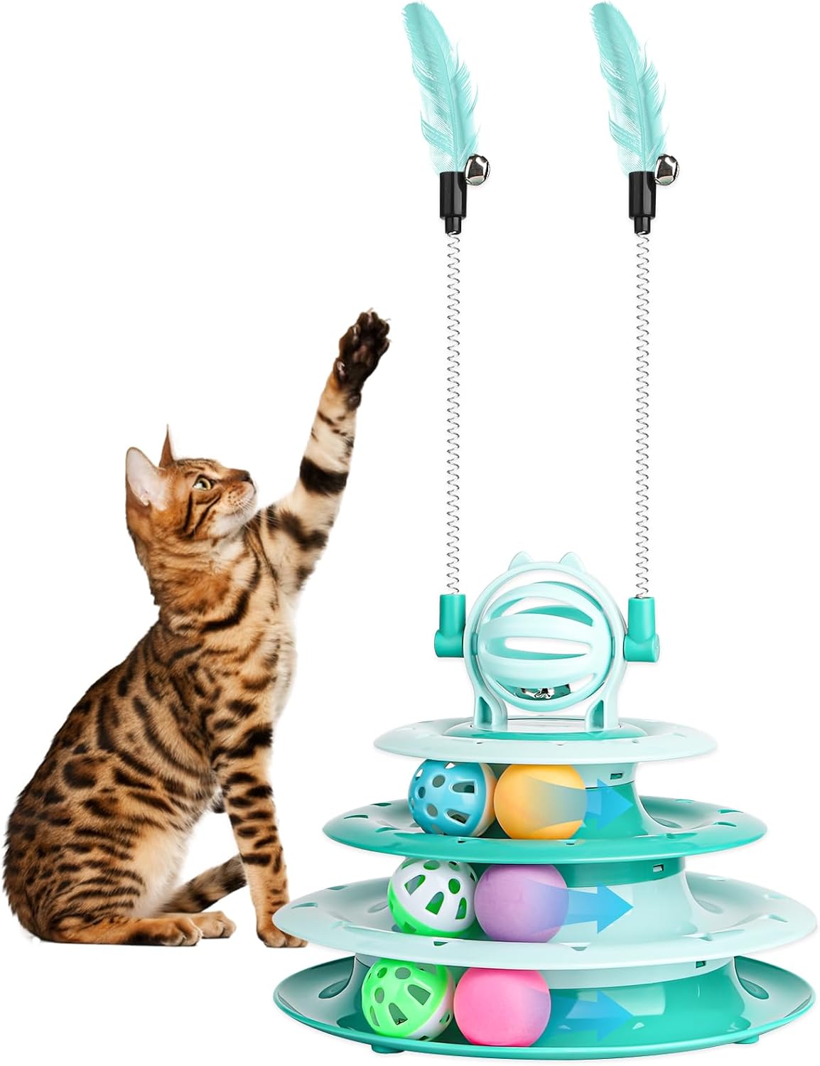 HKM-3886397 Interactive 4-Tier Cat Puzzle Toy with Balls and Teasers for Indoor Cats