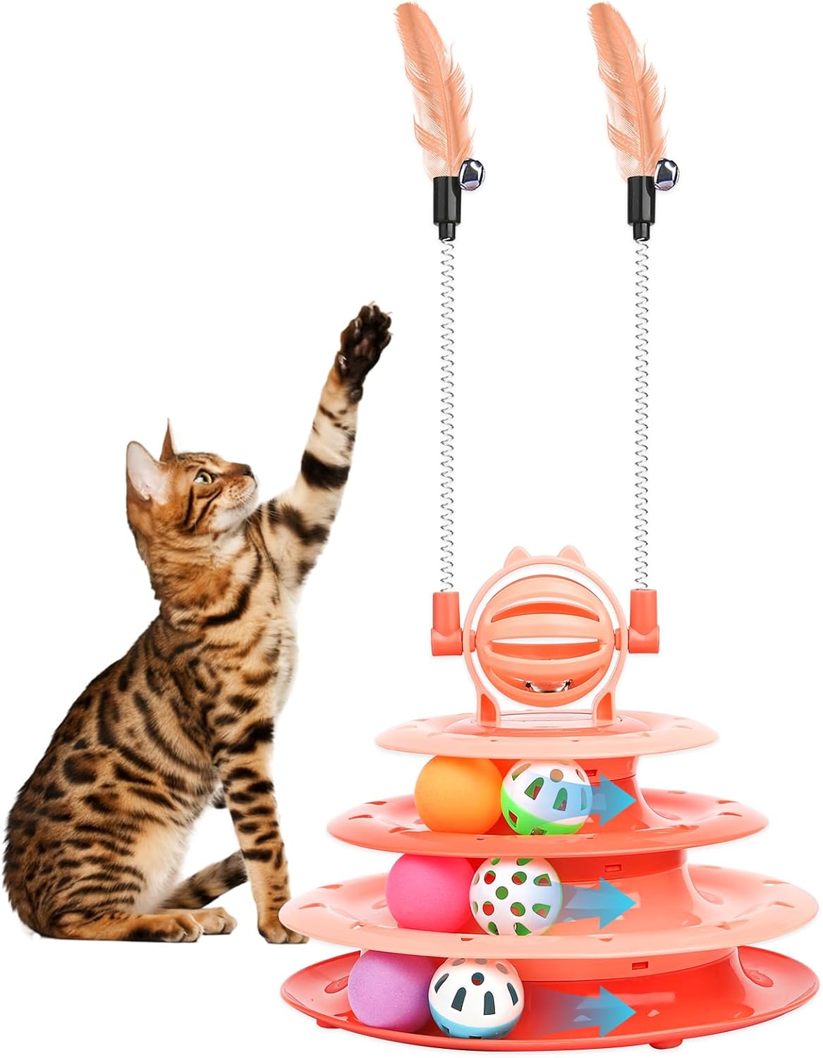 HKM-3886397 Interactive 4-Tier Cat Puzzle Toy with Balls and Teasers for Indoor Cats