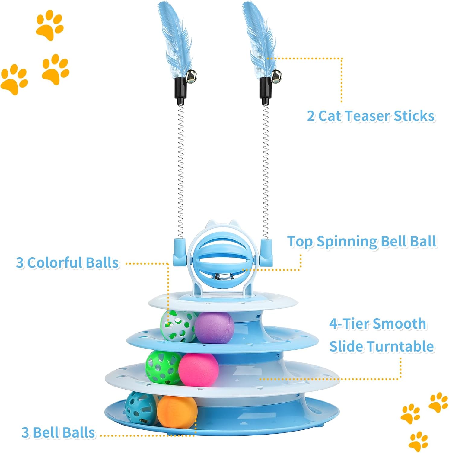 HKM-3886397 Interactive 4-Tier Cat Puzzle Toy with Balls and Teasers for Indoor Cats