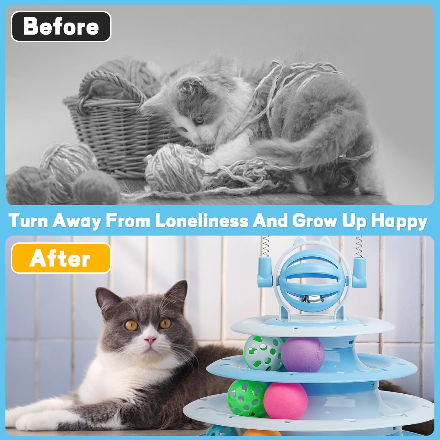 HKM-3886397 Interactive 4-Tier Cat Puzzle Toy with Balls and Teasers for Indoor Cats