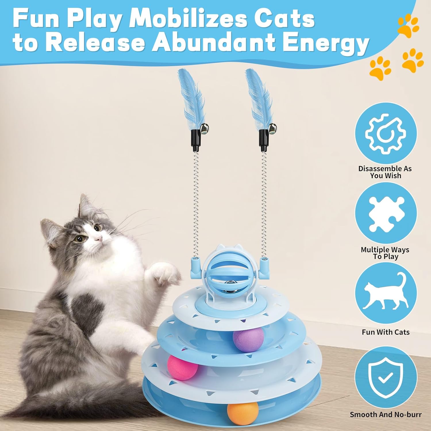HKM-3886397 Interactive 4-Tier Cat Puzzle Toy with Balls and Teasers for Indoor Cats