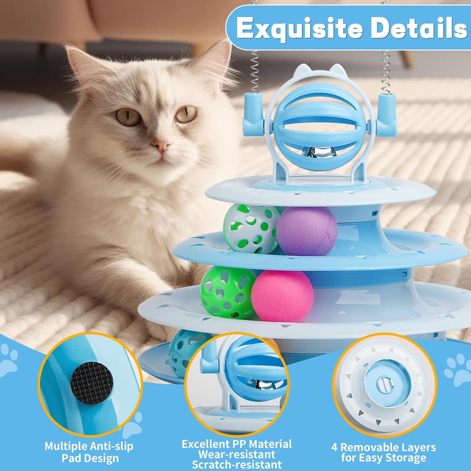 HKM-3886397 Interactive 4-Tier Cat Puzzle Toy with Balls and Teasers for Indoor Cats