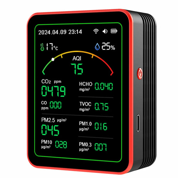 HKM-388755 WiFi 15-in-1 Air Quality Monitor with CO2 and PM2.5 Detection for Indoor Use, USB Type-C Charging