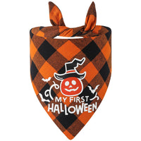 HKM-3889469 Luminous Halloween Pet Saliva Towel in Plaid Design with Pumpkin, Bat, and Castle Patterns