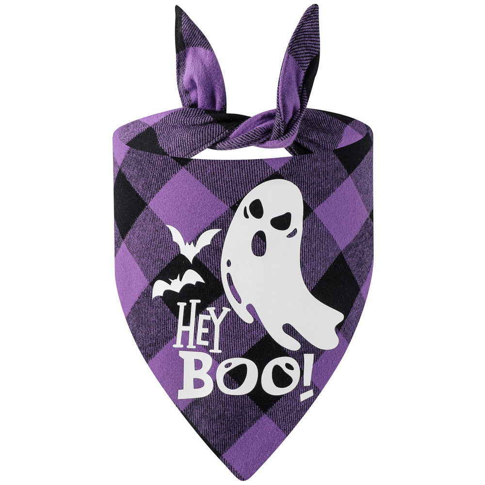 HKM-3889469 Luminous Halloween Pet Saliva Towel in Plaid Design with Pumpkin, Bat, and Castle Patterns