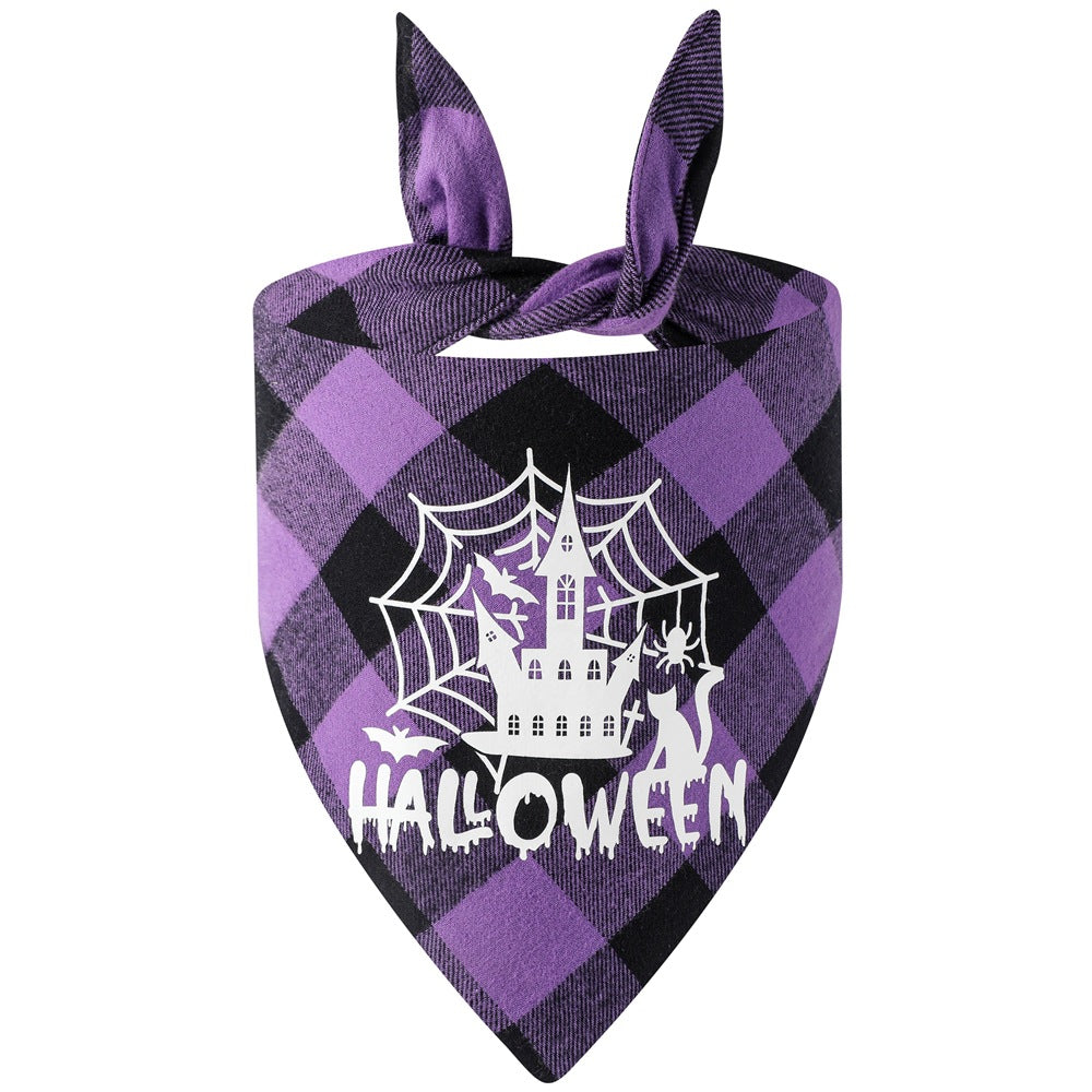 HKM-3889469 Luminous Halloween Pet Saliva Towel in Plaid Design with Pumpkin, Bat, and Castle Patterns
