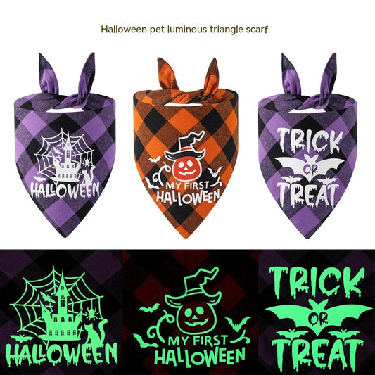 HKM-3889469 Luminous Halloween Pet Saliva Towel in Plaid Design with Pumpkin, Bat, and Castle Patterns