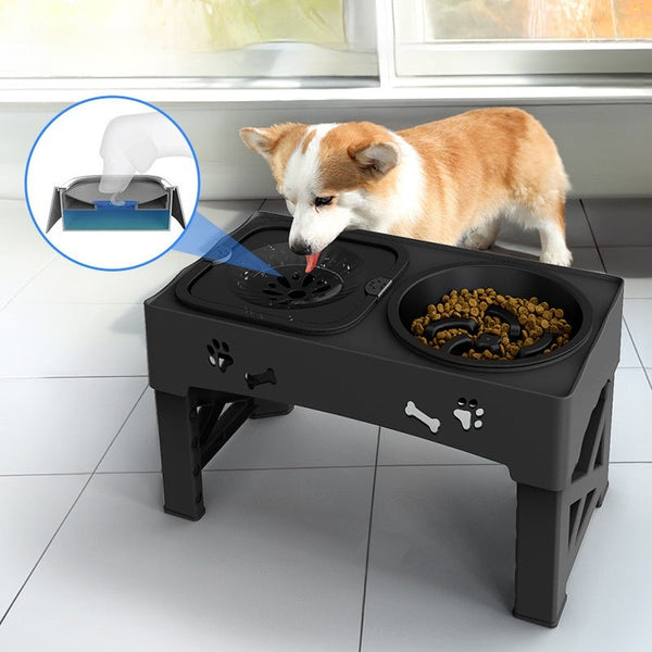 HKM-3892669 Double Bowl Integrated Lifting Stainless Steel Pet Feeder in Black and Gray