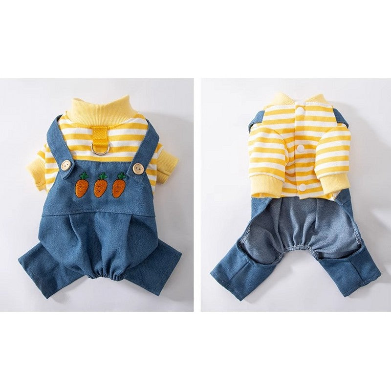 HKM-3893437 Striped Denim Dog Jumpsuit for Puppies and Kittens, Cozy Sweater and Pants Outfit for Cold Weather