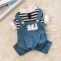 HKM-3893437 Striped Denim Dog Jumpsuit for Puppies and Kittens, Cozy Sweater and Pants Outfit for Cold Weather