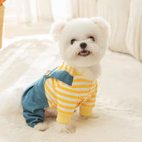 HKM-3893437 Striped Denim Dog Jumpsuit for Puppies and Kittens, Cozy Sweater and Pants Outfit for Cold Weather