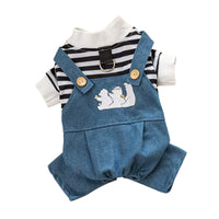 HKM-3893437 Striped Denim Dog Jumpsuit for Puppies and Kittens, Cozy Sweater and Pants Outfit for Cold Weather