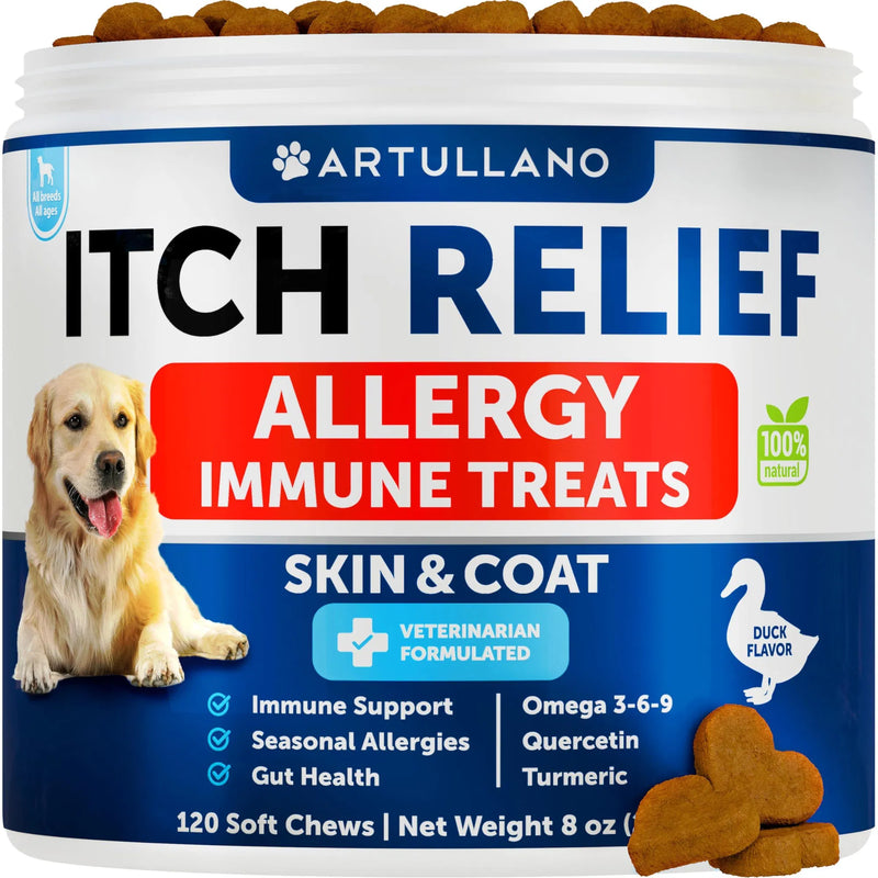 HKM-3894717 Dog Allergy Relief Chews for Itchy Skin and Seasonal Allergies, Fish Oil Formula, 120 Soft Treats for Immune and Skin Health