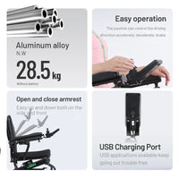 HKM-389587 Lightweight Foldable Electric Wheelchair D15 - 20km Driving Range, Detachable Design, Aluminum Alloy Frame