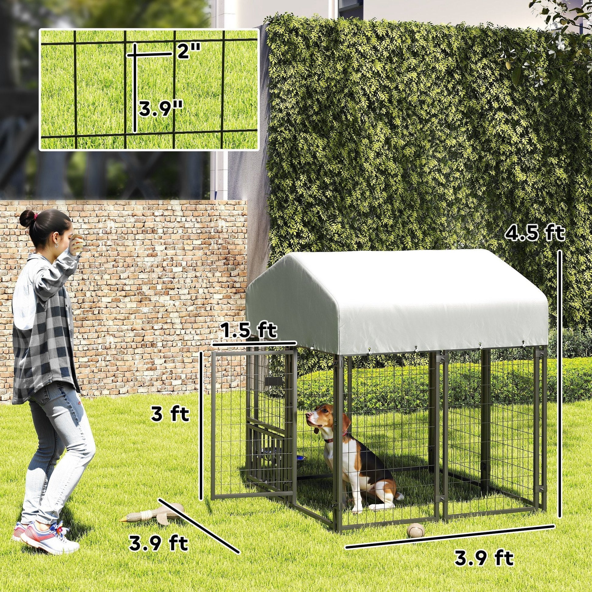 HKM-3898301 Large Welded Wire Outdoor Dog Kennel with Adjustable Bowl Holders and Waterproof Cover, 3.9' x 3.9' x 4.5'