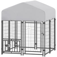 HKM-3898301 Large Welded Wire Outdoor Dog Kennel with Adjustable Bowl Holders and Waterproof Cover, 3.9' x 3.9' x 4.5'
