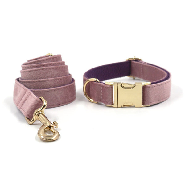 HKM-3898429 Creamy Coffee Velvet Dog Collar and Leash Set in Pink and Purple with Gold Buckle