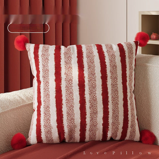 HKM-389843 Red Striped Decorative Pillow for Living Room, Soft Silk Fill, Modern Chic Style