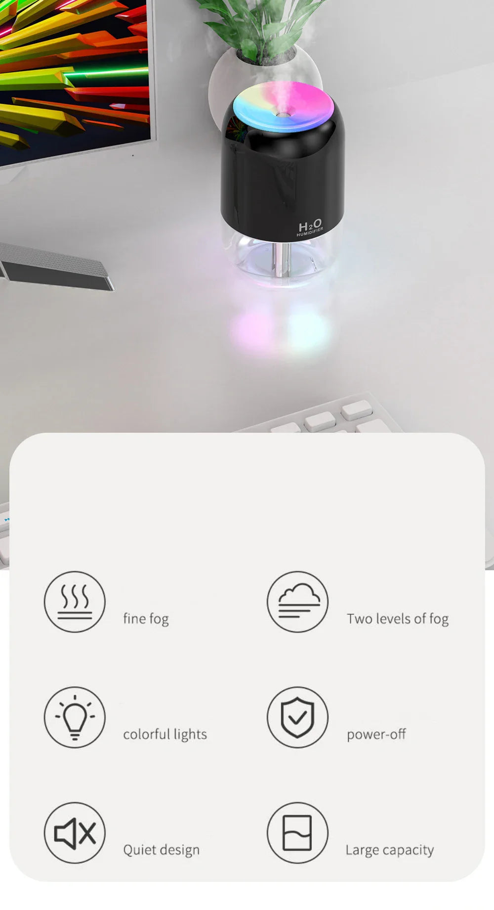 HKM-389907 200ML USB Mini Diffuser Humidifier with Colourful Light and Adjustable Spray Time