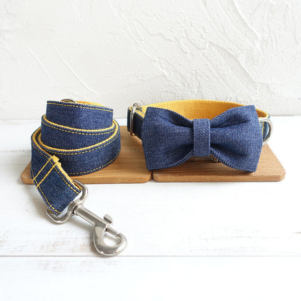 HKM-3902397 Yellow Cowboy Pet Collar Bow Tie Traction Set - Polyester, Available in XS, S, M, L, XL