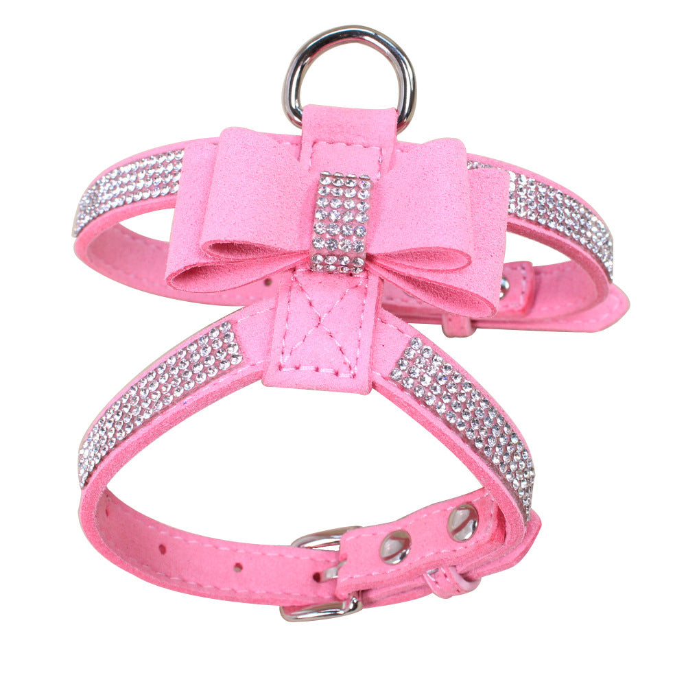 HKM-3909437 Shiny Rhinestone Dog Chest Strap Leash with Adjustable Suede Fabric Collar