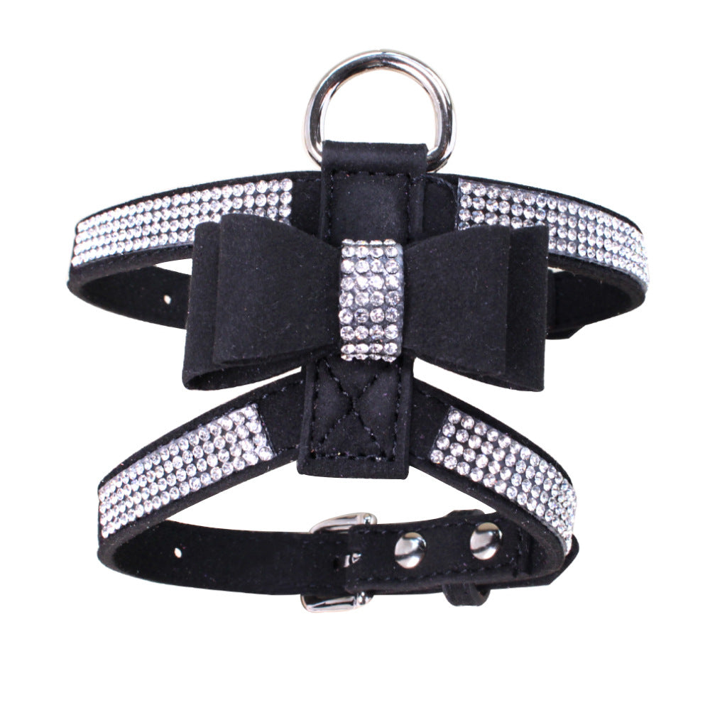 HKM-3909437 Shiny Rhinestone Dog Chest Strap Leash with Adjustable Suede Fabric Collar
