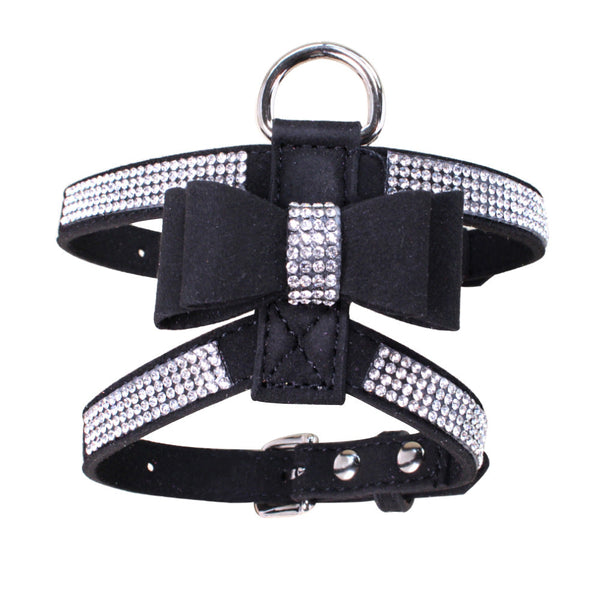HKM-3909437 Shiny Rhinestone Dog Chest Strap Leash with Adjustable Suede Fabric Collar